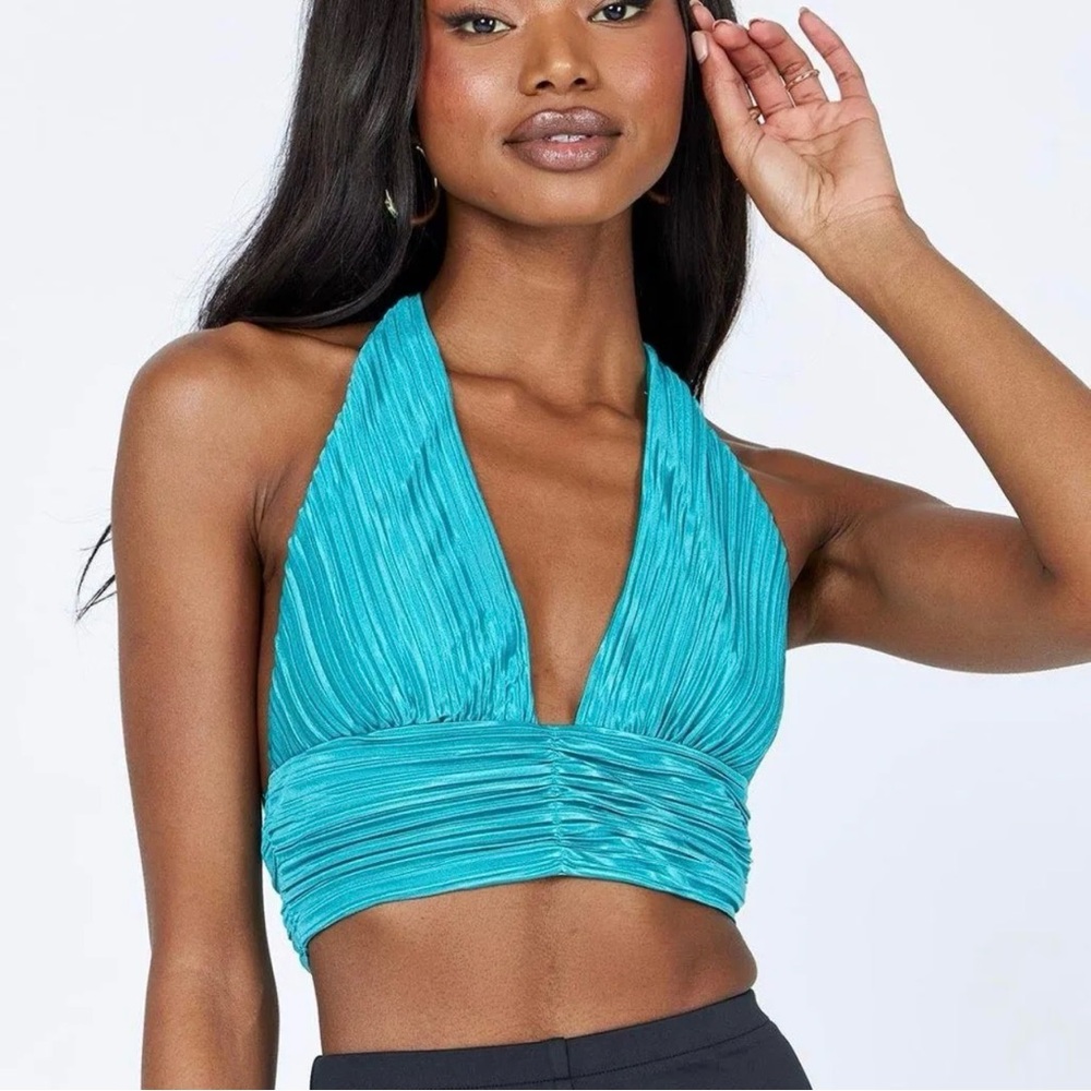 Princess Polly ribbed teal halter top